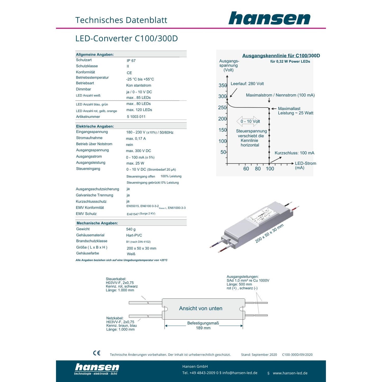 Hansen- Led- Converter- C100/300D- AC 230V- DC 315V- 51003011