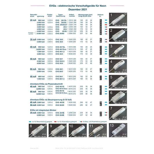 Hansen-EVG für Neon-Röhren-40mA-2x990V -EVG 40/1DUO
