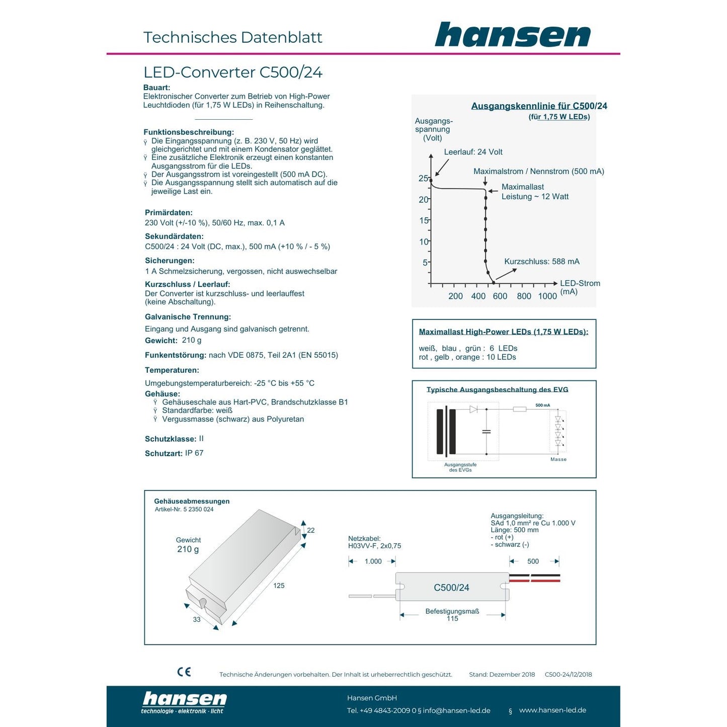 Hansen- Led- Converte- C500/24- AC 230V- DC 500mA- 52350024